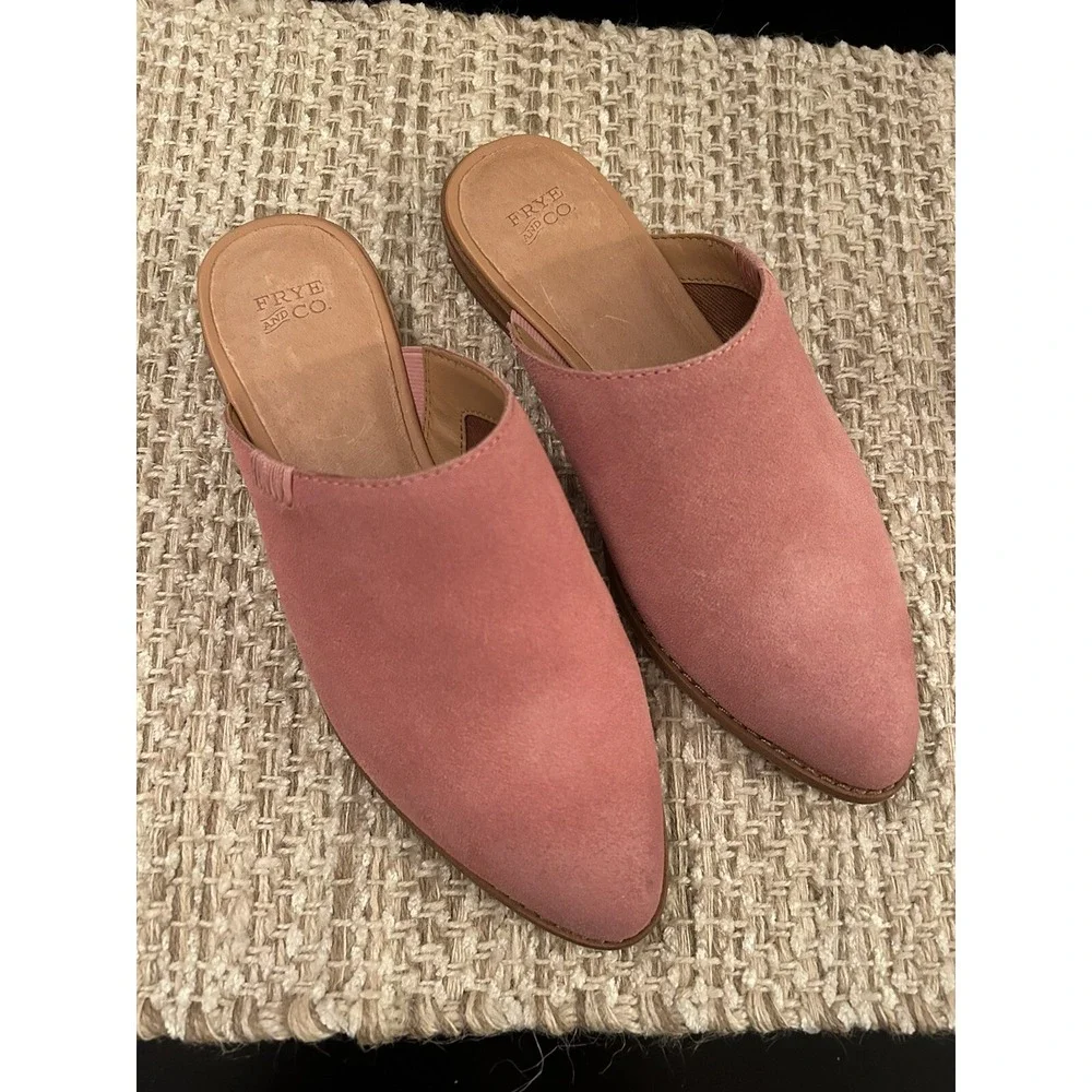 NWOB Frye & Co. Fenn Pink Suede Mules Size 7 M Slip On Almond Toe Western Casual